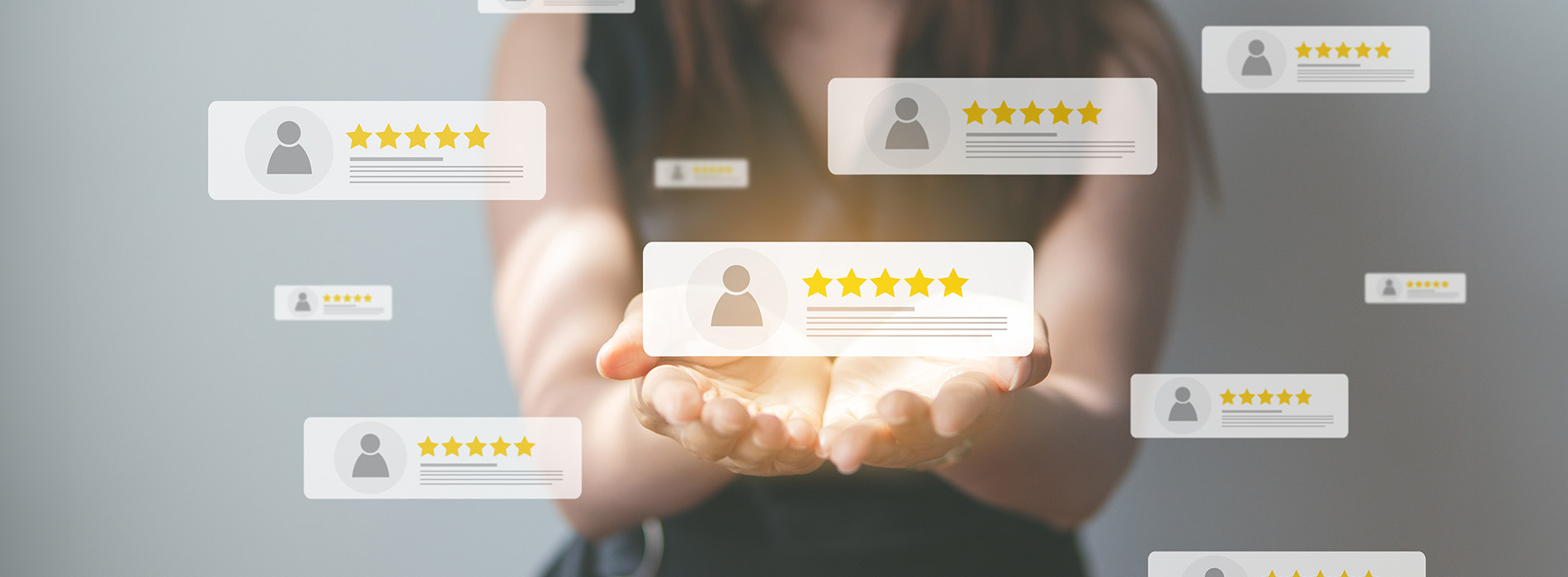 The image shows a graphic design with a person s hand holding a smartphone displaying multiple social media icons, each accompanied by a star rating icon, suggesting an evaluation or review feature within a mobile application context.