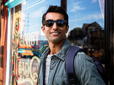 The image shows a man standing outdoors, wearing sunglasses and a blue jacket, posing in front of a storefront with a sign that reads  Sweet Treats.